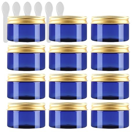 PQPAUTY 24 Pièces Vides Petit 150 ml Bleu Cosmétique Pot en Plastique avec Couvercle Or 150 g Pots de Cosmétique Crème de Bouteille Contenant avec 6x Spatules