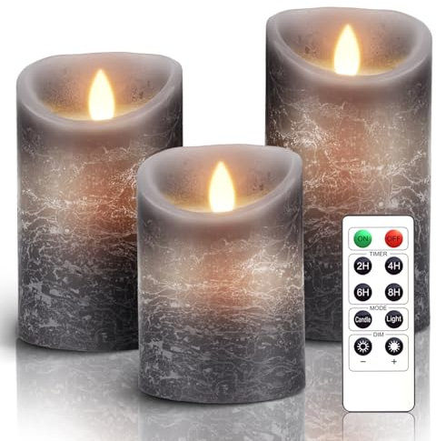 AiiBowy Led Kerzen [3er Set] Flammenlose Kerze Echtwachs Flackernde Dimmbar mit Batterie Fernbedienung Weihnachtskerzen LED Flammen 4/5/6” Tischdeko, Wohnzimmer, Weihnachten, Hochzeit, Party （Grau）