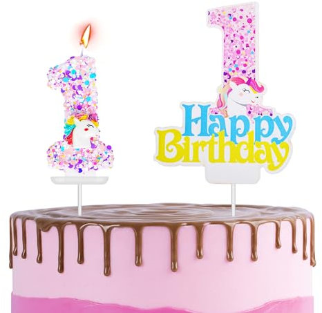 Unicorn 1st Birthday Cake Topper with Number Candle 1 Unicorn Candles Cake Decorations for Girls,Happy 1st Birthday Unicorn Theme Party Candles Cake Cupcake Topper for Boys Girls 1st Birthday