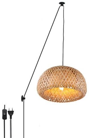 Alpinaluz Lámpara Colgante de Techo de Mimbre, Estilo Rústico Vintage con Cable, Enchufe e Interruptor, para Pared, Techo, Salón y Dormitorio