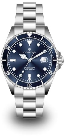 ENRIVA Wasserdichte Taucher-Automatikuhr für Herren, 200 m, mit Edelstahlband, professionelle japanische Selbstaufziehuhr für Herren, mit 3-Zeiger-Datumskalender, drehbarer Lünette und Leuchtzeigern