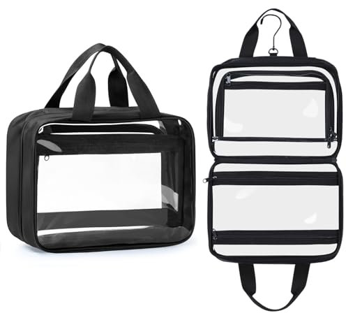 Kulturbeutel Durchsichtig, Etercycle Kulturtasche zum Aufhängen Wasserdicht Toilettentasche, Kosmetiktasche Transparent mit Reißverschluss für Reise Toilettenartikel Frauen Männer (Schwarz)