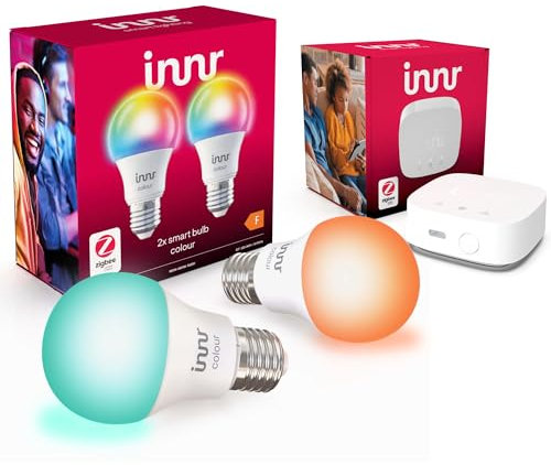 innr Starterset Zigbee E27 Lampe White & Color, Smart LED E27, 16 Million Farben, Dimmbar, 2 Lampen, Starter set inkl Bridge