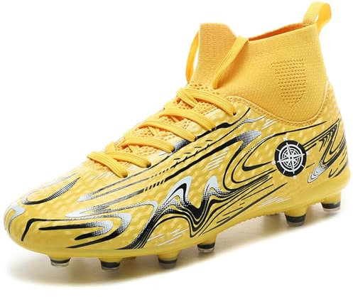 GOGOUP Boys' Football Boots High Top Spikes Soccer Training Shoes Indoor Outdoor Non-Slip Sneakers Junior Outdoor Athletics Training Soccer Shoes Unisex Gold 3.5 UK