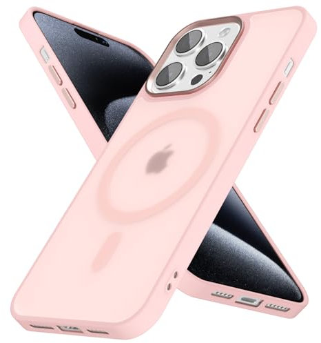 oakxco Magnetic Case for iPhone 15 Pro Phone Case Compatible with Magsafe, Slim Thin Clear Hard Shell Plastic & Silicone Rubber Bumper, Transparent Cute Mag Safe Cover for Women Girls, Light Pink