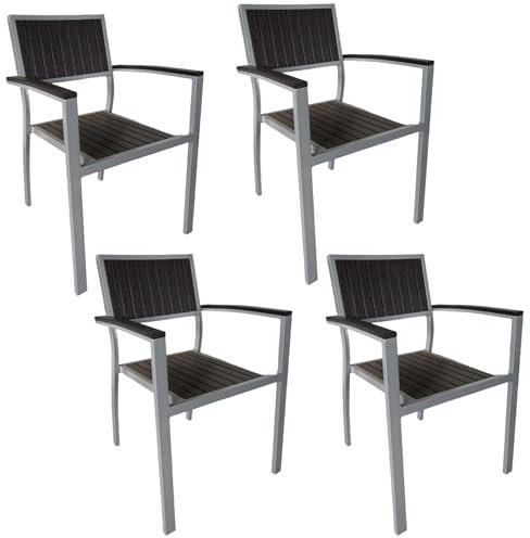 Hochwertiger Terrassenstuhl mit Armlehne wetterfest, Gartenstuhl aus Eukalyptusholz und Aluminiumgestell – Stapelbar | Anthrazit | Innen- und Außenbereich- AOC4003 (4)