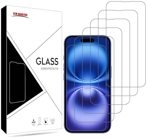 New Horrizon Paquete de 6 protectores de pantalla para iPhone 16 y iPhone 15 (6.1 pulgadas), película de vidrio templado, [LifetimeSupport] [Protección contra impactos] [antiroturas] [antiarañazos