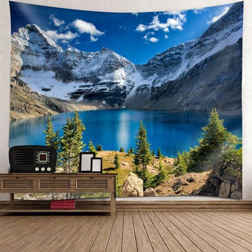 Mesnt Wandteppich Berg-Landschaft, 150x150cm Schneebedeckte Berg- und Seenlandschaft Wandteppiche Wandkunst für Schlafzimmer Wohnzimmer | Blau Grün