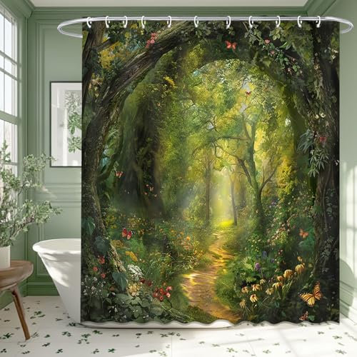 Avezano Green Tree Shower Curtain Nature Garden Enchanted Forest Scene Bathroom Shower Curtain Spring Forest Waterproof Fabric Shower Curtains Bathtub Decor with 12 Hooks 72 X 72 Inch