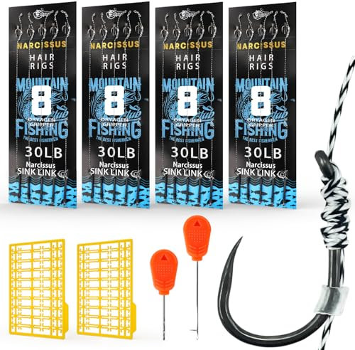 Narcissus Carp Fishing Hair Rigs – 20Pcs Carp Fishing Equipment, 24cm Braided Line Bait Rigs with Hooks and Boilie Stops