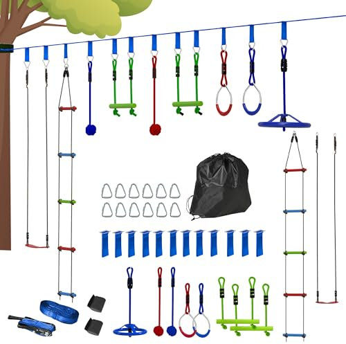 AIYAPLAY Zip Line Kit for Kids, 10-Piece Outdoor Obstacle Course for Kids, 10m Kids Slackline Kit with Monkey Bars, Swing, Climbing Ladder, Hanging Tray, Metal Rings, Gripping Balls, Multicoloured