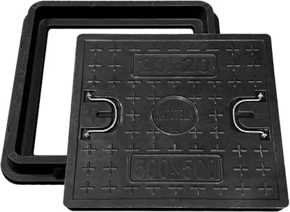NATOTELA Manhole Cover and Frame Fiberglass,Cover Size 500x500mm/Overall size 600x600mm Square Drain Access Inspection Reinforced Steel Embedded Sewer with Handles Non-slip Solid Black