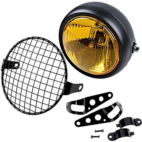 HFGDRH Motorrad Scheinwerfer Frontscheinwerfer, Retro Vintage Motorrad Universal Side Mount 35w 6,5 Zoll Bernsteinscheinwerfer mit Grill + Halterung Kit
