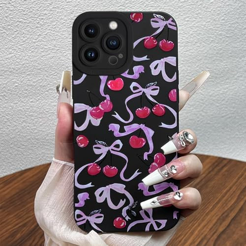 Black Cherry Bow Phone Case for iPhone 13 Pro Max, Cute Red Cherry Pattern for Women Girls, Soft TPU Slim Profile Shockproof Protective Cover for iPhone 13 Pro Max