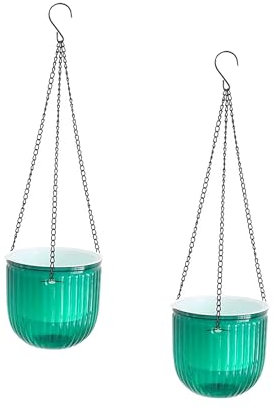 Meicynhoger Lot de 2 Pots de Fleurs Suspendus Vintage,16.5cm Jardinieres Balcon - Pot Auto Arrosant Transparent avec Crochets pour Intérieur Extérieur, Table, Mur,Terrasse et Jardi Vert