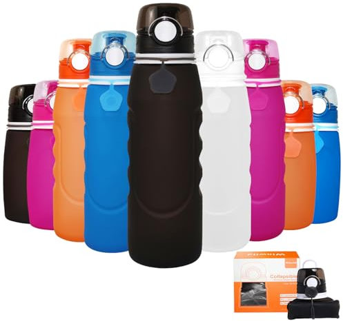 Winwild Botella Plegable Silicona 1000 ml,Ultraligera Antifugas,Tetrapack Para Festivales,Deportes,Actividades Aire Libre,Ciclismo (Negra)