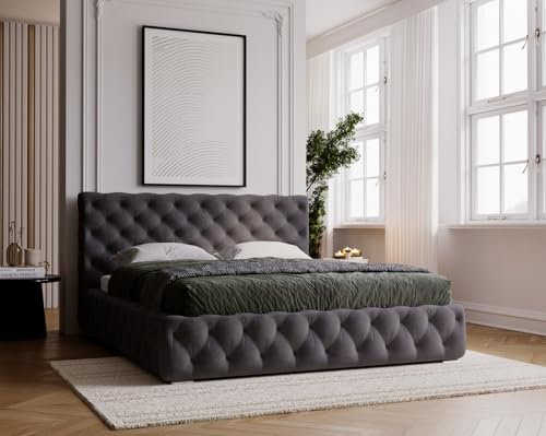 Emporius Glory Polsterbett 160x200 - Chesterfield Bet, Glamour Design - Polsterbett mit Bettkasten, Lattenrost, Samt, Velour Schwarz (Magic Velvet 2219)