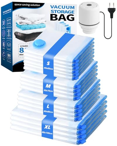 Set de 18 Bolsas Vacio Ropa con Bomba Eléctrica – 4 Tamaños Gruesos e Impermeables: 4 Jumbo, 4 Grande, 4 Mediano, 6 Pequeño para Ropa, Edredones, Chaquetas de Invierno