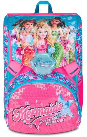 Seven Mermaid Magic Rucksack mit zwei ausziehbaren Fächern, hellblau, große Kapazität, vorgeformte Rückenlehne, Mädchen, Grundschule