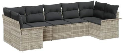 vidaXL Garten-Sofa-Set mit Kissen 7 pcs Hellgrau Poly Rattan, Garten und Terrasse, rechteckiges, modulares, Robustes Sofa-Set, verstellbare Füße aus Rattan, Kissen inklusive