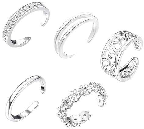 5PCS Toe Rings for Women, Minimalist Toe Rings for Women Sterling Silver, Open Adjustable Toe Ring Foot Jewelry Set for Summer Beach and Casual Wear