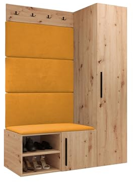 Mirjan24 Garderoben-Set Mapreni II, Schuhschrank + Kleiderhakenbrett + Kleiderschrank Gepolstertes Paneel/Wandpaneel Kleiderhaken Flurgarderobe Wandgarderobe (Artisan Eiche, Manila 32)