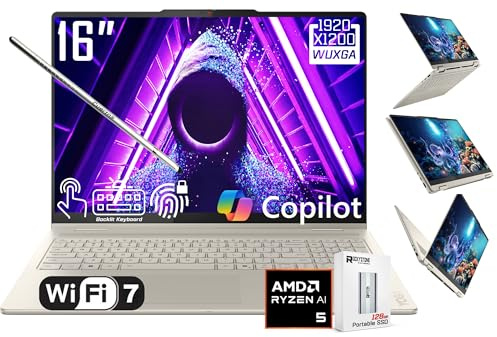 Lenovo Yoga 7 2-en-1 AI PC Copilot ordinateur portable, écran tactile LCD 16 pouces, AMD Ryzen AI 5 340, AMD Radeon 840M, 16 Go LPDDR5X, 512 Go SSD, WiFi 7, KB rétroéclairé, empreintes digitales