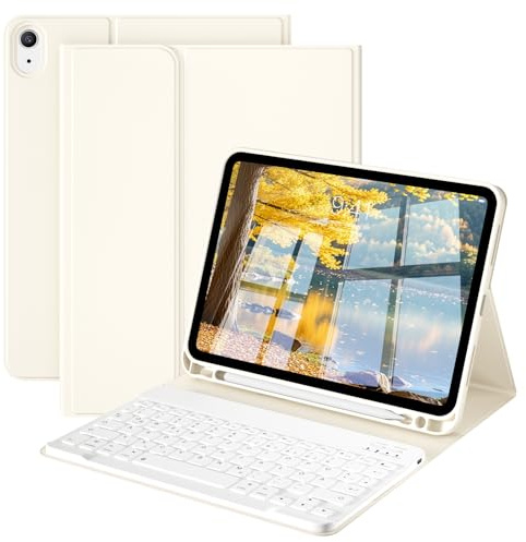 KTGGHG Tastatur Hülle für iPad A16 11./10. Generation(2025/2022),Weiß Creme | Magnetische Bluetooth-Tastatur, Abnehmbare Schutzhülle, Stifthalter, Deutsches QWERTZ-Layout, Auto Schlaf-/Wachmodus