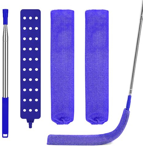 Fogray Gap Dust Cleaner with 1 Extension Pole & 2 Microfiber Dusting Cloths | 2Pcs Skinny Gaps Cleaning Duster, Retractable Flat Dusters Tool for Under Furniture Bedroom, Blue