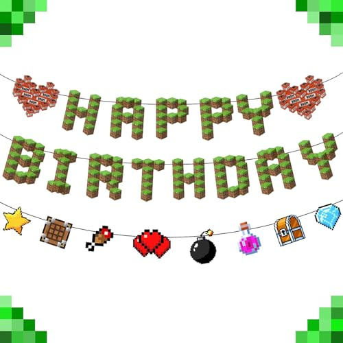 Ovanda Pixel Happy Birthday Girlande, Miner Gamer Geburtstagsdeko