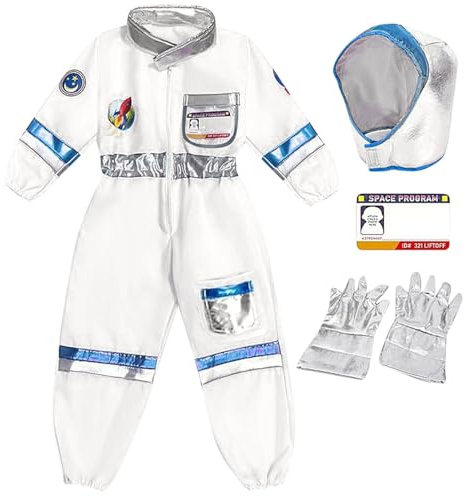 Generisch Astronaut Kostüm kinder Silberne 3Pcs Astronautenkostüm Kind Astronautenoverall Astronauten Helm Handschuhe Weltall Mädchen Jungen Raumfahrer Spaceman Outfit 104 116 92 Gelb Einfarbige