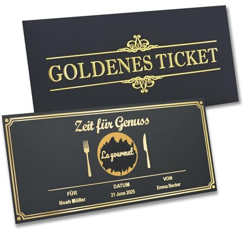 TMT Personalisiertes Goldenes Ticket – Essen gehen Gutschein Rubbelkarte | Gutscheinkarte mit Umschlag – Ready to gift | Restaurant-Gutschein, Dinner, Brunch, Frühstück, Zeit schenken