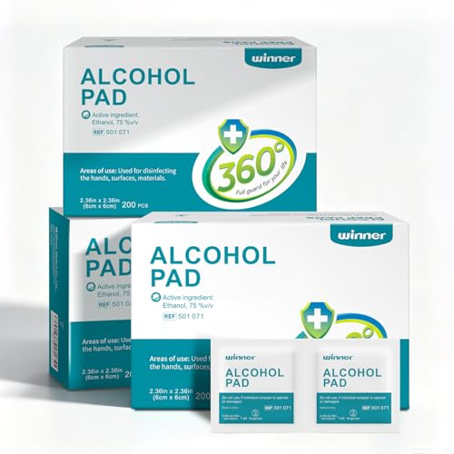 Winner Medical Alcohol Wipes 6cm*6cm, 600 Pcs, 75% Ethanol Hand & Skin Disinfecting Wipes, Individually Wrapped Sterile Alcohol Swabs, 4 Layers of Sterile Alcohol Pre Pads