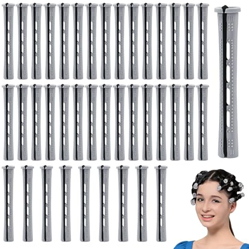 40 Stück Grau Dauerwellen Wickler Kleine, Lockenwickler für Dauerwelle Kurze Haare, Dauerwellwickler, Dauerwellen Set Komplett mit Rundgummilaschen, Haarwelle Stangen,Kaltwellenstangen für Haarstyling