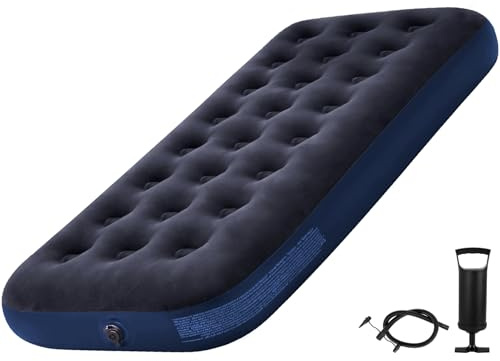 RWFMO Small Single Size Blow Up Mattress, Inflatable Air Bed with Hand Pump | Soft Flocked Surface, 191 x 73 x 22cm, Compact Foldable Design, Deep Blue Blow Up Airbed for Camping, Guests and Travel