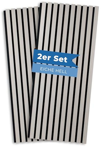 PROVISTON Akustikpaneele Holz 3D Wandpaneele Eiche Hell 120 x 60 cm 18 mm MDF Holzlamellen auf Filz schallabsorbierend, Wanddeko Wohnzimmer, Schlafzimmer, Küche - 2er Set