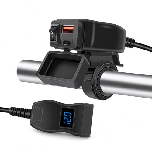 USB Car Charger Socket for Motorcycle,PD3.0 & QC3.0 Fast Charging Ports, Waterproof with LED Voltmeter, On/Off Switch, 12V-24V Universal, Dual Device Charging for Phones, Tablets, GPS, Boat, Camper