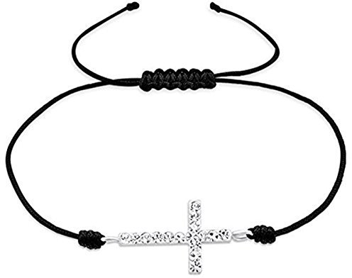 Bracelet à breloques en forme de croix avec cristaux sur cordon noir réglable en argent sterling 925, Argent sterling, Cristal
