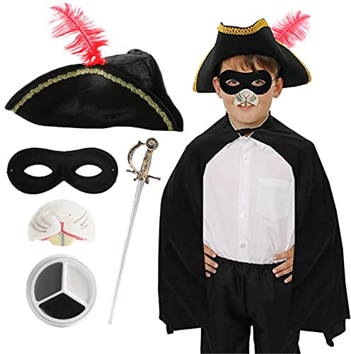 Highway Man Childrens Costume With Black Cape And Sword + Black White And Grey Facepaint Kids Fancy Dress Wbd World Book Day Kit 4Pc Set And Kit