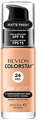 Revlon Colorstay Liquid Foundation Makeup for Combination/Oily Skin SPF 15, Longwear Medium-Full Coverage with Matte Finish, Light Honey (260), 30 ml