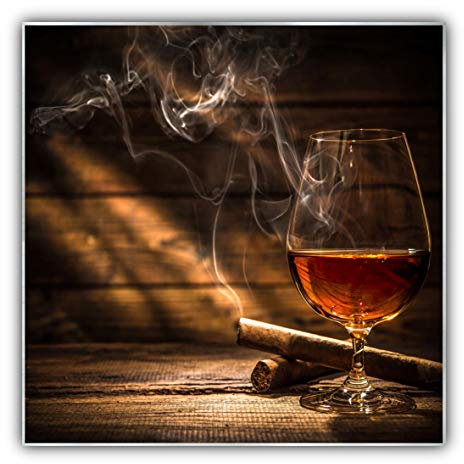 Steinfeld XXL Glasbild mit Rahmen/Glas Deko Bild (Silber/alu) (60 x 60 cm, 004 Whisky mit Zigarre)