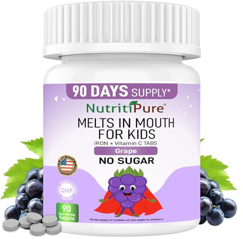 NutritiPure Kids & Toddler Chewable Iron 9mg with Vitamin C, Grape, 90 Ct