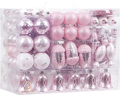 Sea Team 155-Pack Assorted Shatterproof Christmas Ball Ornaments Set Decorative Baubles Pendants with Reusable Hand-held Gift Package for Xmas Tree(Pink