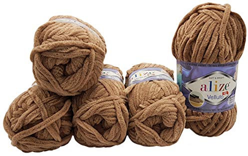 5 x 100 Gramm Alize Velluto Strickwolle, Babywolle, 500 Gramm Wolle Super soft Bulky (braun 329)