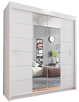 INTERWOOD Modern Mirror Sliding Doors Wardrobe, featuring double sliding Doors, Hanging Rails & Adjustable Shelves, offers Space Saving solutions for Bedroom furniture in Matt finish 180cm(white)