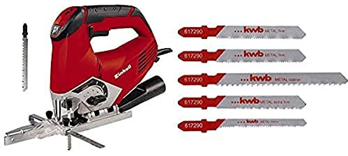 Einhell Stichsäge TE-JS 100 (750 W, max. 100 mm, 45° Schrägschnitt, Hubzahlregelung, 4-Stufen Pendelhub, Absaugadapter, Parallelanschlag, LED-Licht, Koffer, inkl. 5-tlg. T-Schaft Metall-Sägeblatt-Set)