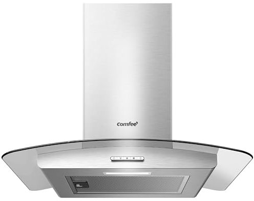 COMFEE' Chimney Cooker Hood 60cm GLAV17SS-60 with LED Light & Glass Extractor Hoods, 600mm Kitchen Extractor Fan - Stainless Steel