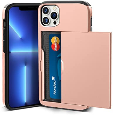 ACOCOBUY Compatible with iPhone 13 Pro Max Case with Card Holder Shockproof Protective Dual Layer Hidden Sliding Card Slot Heavy Duty Wallet Phone Cover Armor Back Shell 6.7 inch for Women Rose Gold
