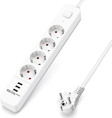 Aigostar Regleta alargador de 4 enchufes con cable de 5 metros e interruptor de 3 USB