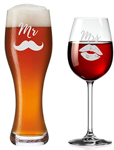 polar-effekt Juego de 2 Vasos de Trigo y Copa de Vino con diseño Personalizado, Grabado Duradero, Apto para lavavajillas, Copa de Vino y Vaso de Cerveza Blanca, Boda